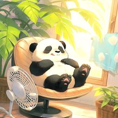 a panda bear sitting on top of a chair in front of a window next to a fan