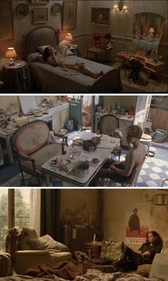 three different scenes from the same movie, one shows a woman lying on her bed