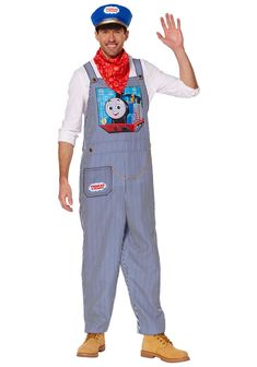 a man dressed as thomas the tank engine with his hands in the air and smiling