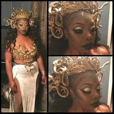 three pictures of a woman wearing gold and silver makeup