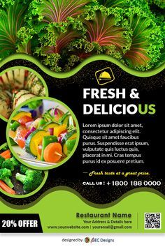 a flyer for fresh and delicious food with broccoli, carrots, celery, lettuce and other vegetables