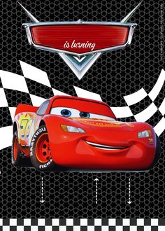 the character cars from disney's cars is shown in front of a checkered background