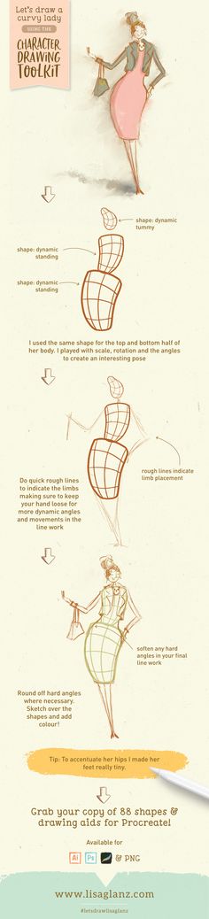 an info sheet shows how to draw the female figure in different ways, including lines and shapes