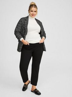 FIT Model is 5'9” wearing size 14. Measures 26” inseam (size 2). . MATERIALS + CARE Studio Luxe Ponte knit fabric: Our signature work (any) wear fabric with office-approved tailoring, WFH stretch and comfort, and curve-loving hold. Plus, it’s machine washable! Stretch level: Maximum. Wrinkle resistant. 68% rayon, 28% nylon, 4% spandex. Machine wash cold. Line dry. Imported. DETAILS Skinny fit. . Pull-on. . The best plus size women's long, tall pull on pencil skinny studio luxe ponte pant & tapered pants in deep black made of studioponte. These dressy clothes and work-wear, office-wear, career-wear, and business-wear will make you look professional to nail your job interview and wear to work every day. Torrid is your destination for cozy fall and winter clothes to keep you warm and comforta Plus Size Office Wear, Dressy Clothes, Ponte Pant, New Street Style, Business Wear, Ponte Pants, Swimming Outfit, Career Wear, Tapered Pants