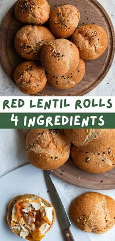 red lentil rolls with cheese and herbs in them on a wooden plate next to a knife