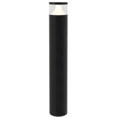 a black cylinder with a white light on the top and bottom part, in front of a white background