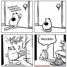 comic strip about how cats are doing their best to get out of the bathroom door