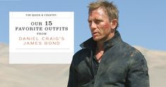 a man standing in front of a mountain with the words our favorite outfits from daniel craig's james bond