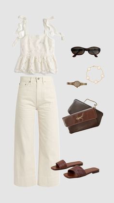 a woman's outfit and accessories including shoes, sunglasses, handbag and purse