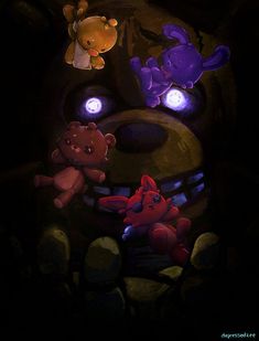 three teddy bears are sitting in the dark