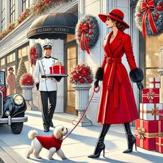 a woman in a red coat and hat walking a white dog on a city street