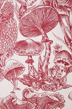 a red and white wallpaper with mushrooms on it