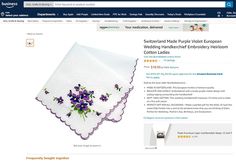 a screen shot of a website page with an image of purple flowers on white napkins