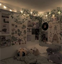 the room is decorated with christmas lights and stuffed animals