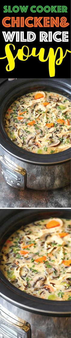 two pictures show how to make slow cooker chicken and wild rice casserole