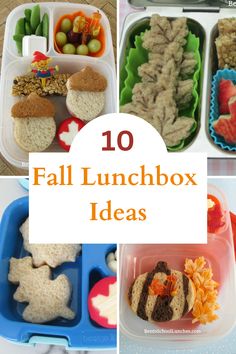 lunch boxes filled with different types of food and the words 10 fall lunchbox ideas