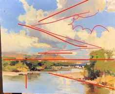 an abstract painting with red lines going across the water and clouds in the sky above