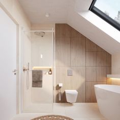 a bathroom with a skylight above the toilet and shower stall, along with a rug on the floor