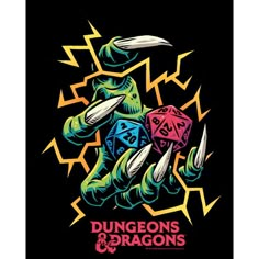 an image of a cartoon character holding two dices in his hand with the words,'dungeonss and dragons'on it