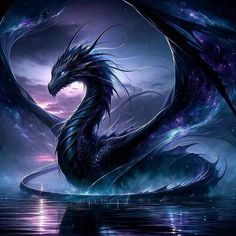 a blue dragon sitting on top of a body of water under a purple and black sky