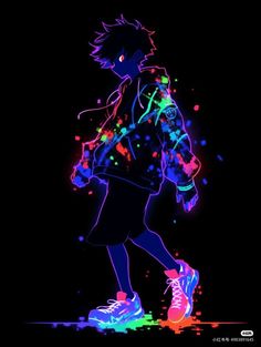 a person with neon paint on their face and shoes in front of a black background