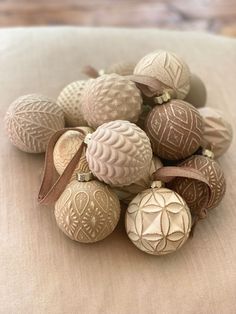 a pile of ornaments sitting on top of a table