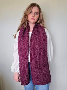 This is a hand-knit, super thick, chunky, and cozy scarf that can also be used as a shoulder wrap.  It's knit with a beautiful, quality purple chunky yarn in a diamond pattern. It's perfect for any fall or winter outdoor activity. It will keep you warm but is also a very stylish accessory for the fall and winter months. Note: Colors are photographed as accurately as possible. However, please allow for differences due to monitor settings and camera quality. This product was created in a smoke free, pet free home. Hand wash and lay flat to dry. Scarf For Winter, Chunky Knit Scarf, Scarf Chunky, Purple Scarf, Chunky Knit Scarves, Chunky Knit Hat, Purple Knit, Scarf Knit, Cable Knit Hat