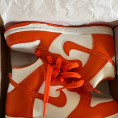 Brand New Never Worn Orange And White Dunks High Top Orange And White Dunks, Dunks Syracuse, Nike Shoes Orange, Dunks High Top, Dunks High, White Dunks, Air Max 90 Leather, Shoes Orange, Yellow Sneakers