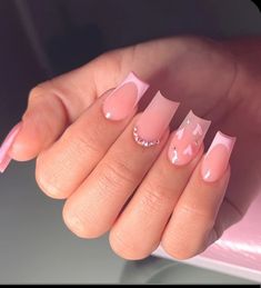 B Day Nails Art Ideas, Simple Nails Design Square, Nail Ideas Ballerina Shape Short, Nail Inspo Square Pink, Nail Designs 2024 Winter, French Nail Designs Spring Square, White And Pink Nails With Designs, Small Square Nails Design, Pink Quince Nails Short