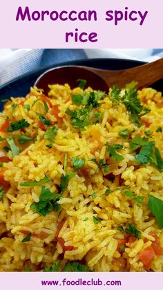 A dish of spicy rice with a wooden spoon. Medeteranian Side Dishes, Middle East Rice Recipes, Moroccan Rice Recipe, Rice With Vegetables Recipe, Spicy Rice Recipes Easy, Spiced Rice Recipes, Morracon Recipes, Middle Eastern Rice Recipes, Easy Rice Dinners