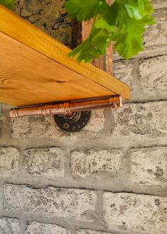 a close up of a wooden shelf on a brick wall with green leaves hanging from it