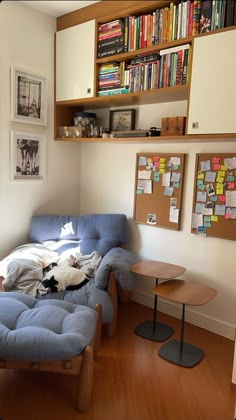 a small room with a couch, table and bookshelf on the wall next to it