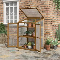 a small greenhouse with plants in it on the ground next to a brick wall and potted plants