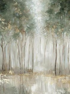 an oil painting of trees and water in the woods with foggy skies above them