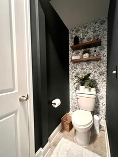 a white toilet sitting in a bathroom next to a wall mounted shelf with plants on it