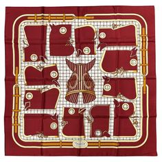 Hermes Vintage Camails Silk Scarf in Maroon c1974 in excellent condition. Original silk screen design c1974 by Françoise De La Perriere features an array of horse hoods in maroon with golden yellow trims. Center hood features a maroon and golden yellow stripe print. White background with maroon and black grid check print surrounded by a solid maroon border. 100% silk, hand rolled hem, made in France. Signed by artist. Original tag attached. No stains smells or fabric pulls. Measurements 35”x35” Hermes Silk Scarf, Hermes Vintage, Horse Armor, Hermes Silk, Horse Pattern, Fall Spices, Vintage Hermes, Hermes Scarf, Silk Twill