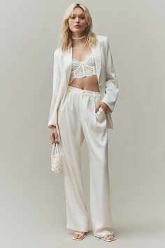 Naia™ Renew acetate, polyester Button front Machine wash Imported | Mason Satin Pants by Reformation in White, Women's, Size: 8, Polyester/Acetate at Anthropologie Classy White Pants Outfits, White Satin Pants, White Satin Outfit, Wedding Reception Outfit For Bride, Reception Outfit For Bride, Satin Outfit, Corset Pants, White Sheer Top, Wedding Reception Outfit