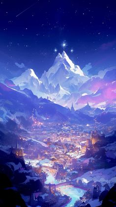 an image of a snowy mountain town at night with stars in the sky above it