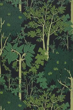 a green and black wallpaper with trees on it