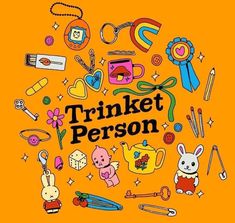 the words trunket person surrounded by various cartoon characters and objects on an orange background