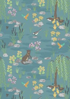 an animal themed wallpaper with flowers and ducks in the water on a blue background