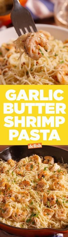 garlic butter shrimp pasta in a skillet