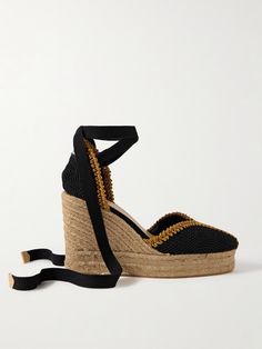 Espadrilles are an iconic summer style and we have Castañer to thank for that - the namesake family reinvented them in 1927 and yet again the '60s when they created the first jute-soled wedge for Yves Saint Laurent. These 'Couer' espadrilles have been handmade in Spain from black canvas and are traced with gold Lurex for a subtle dose of shimmer. Adjust the wraparound ties as you see fit. Wedge Espadrilles, Black Espadrilles, Espadrille Shoes, Black Canvas, Yves Saint Laurent, Espadrilles, Wedges, Saint Laurent, Summer Fashion