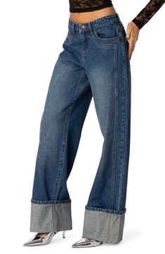 Baggy wide legs give laid-back shape to these cuffed low-rise jeans cut from nonstretch denim for an authentic feel. 100% cotton Machine wash, dry flat Imported Baggy Wide-leg Denim Jeans, Baggy Wide-leg Denim Bottoms, Faded Wide Leg Washed Cargo Jeans, Jeans Bongo, Faded Baggy Wide-leg Cargo Jeans, Baggy Denim Blue Mid-rise Wide Leg Pants, Jeans Png, Big Jeans, Low Rise Baggy Jeans