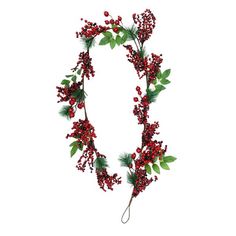 a wreath made out of red berries and green leaves is shown on a white background