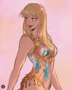 a drawing of a woman with long blonde hair and blue eyes wearing a gold bodysuit