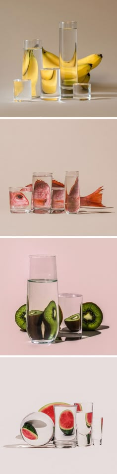 three different shots of fruit and watermelon in glass vases, with bananas on the other side