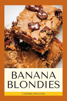 banana blondies are stacked on top of each other, with chocolate chips in the middle