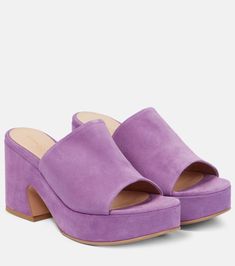 Suede platform mules in purple - Gianvito Rossi | Mytheresa Suede Mules With Sculpted Heel And Round Toe, Suede Mules With Sculpted Block Heel, Summer Suede Mules With Sculpted Heel, Suede Mules With Sculpted Heel, Suede Mules With Sculpted High Heel, Suede Mules With Stacked Heel, Suede Open Toe Mules With Sculpted Heel, Open Toe Suede Mules With Sculpted Heel, Chic Suede Platform Mules