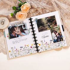 Simplify your scrapbooking with our Memory Keeping photo journals! The pages include templates for photo layouts, and lined sections for adding memories and captions. This wedding photo journal is decorated with delicate creams, contrasting floral designs, and touches of romance. Have a unique experience commemorating your most special memories of your big day! This is where your adventure begins. 80 pre-printed template pages with 20 different designs and unlabeled dividers to categorize your p Wedding Photo Book Layout, Creative Layout, Budget Stickers, Spiral Planners, Work Stickers, Romance Wedding, Memory Journal, Sticker Storage, Scrapbook Book